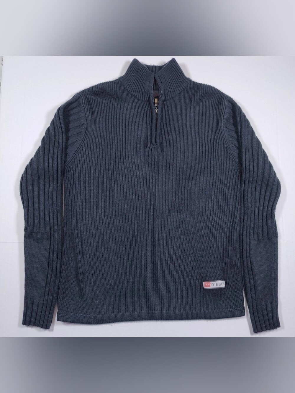 Vintage Diesel Black 100% Lambswool Ribbed 1/4 Zip Sweater Patches Size S